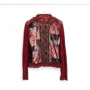 Vintage Y2K Era Red and Black Patchwork Bohemian Vibes Zip Up Bomber Jacket S